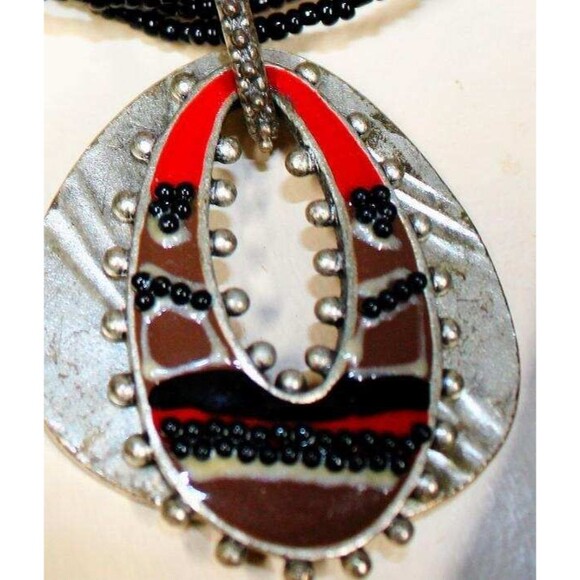 Chico's 4 Strand Boho Bold Faux Agate Cloisonne Seed Beads Pendant 21" Necklace - Picture 3 of 7